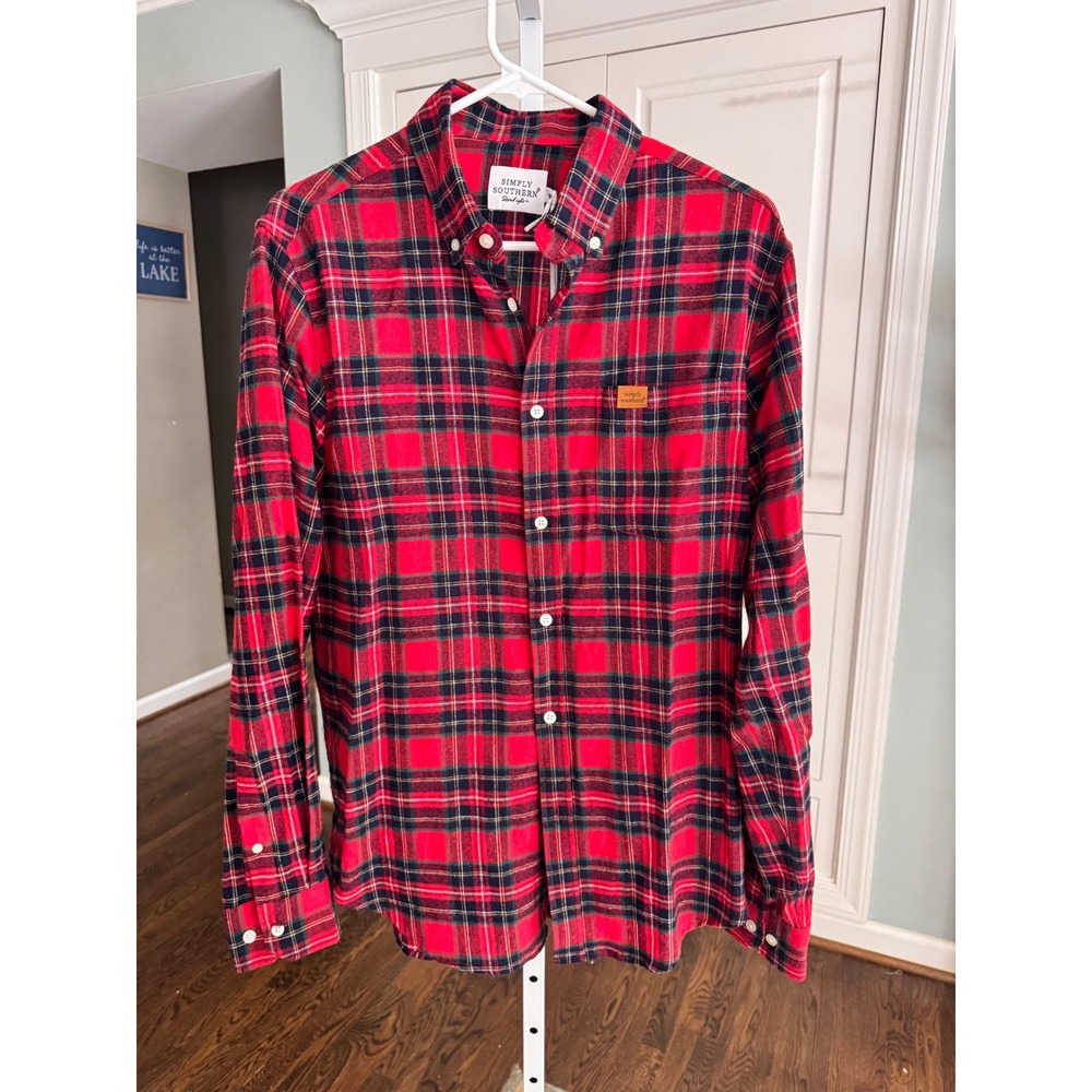 Simply Southern Mens Long Sleeve Button Down Plaid Shirt Red Navy Large NEW